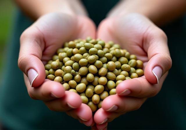 Manos sosteniendo granos de café verde antes del tueste